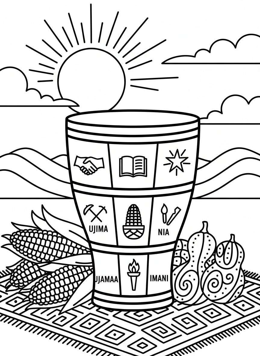 A unity cup decorated with symbols of the seven principles, positioned next to ears of corn and small gourds on a patterned mat.