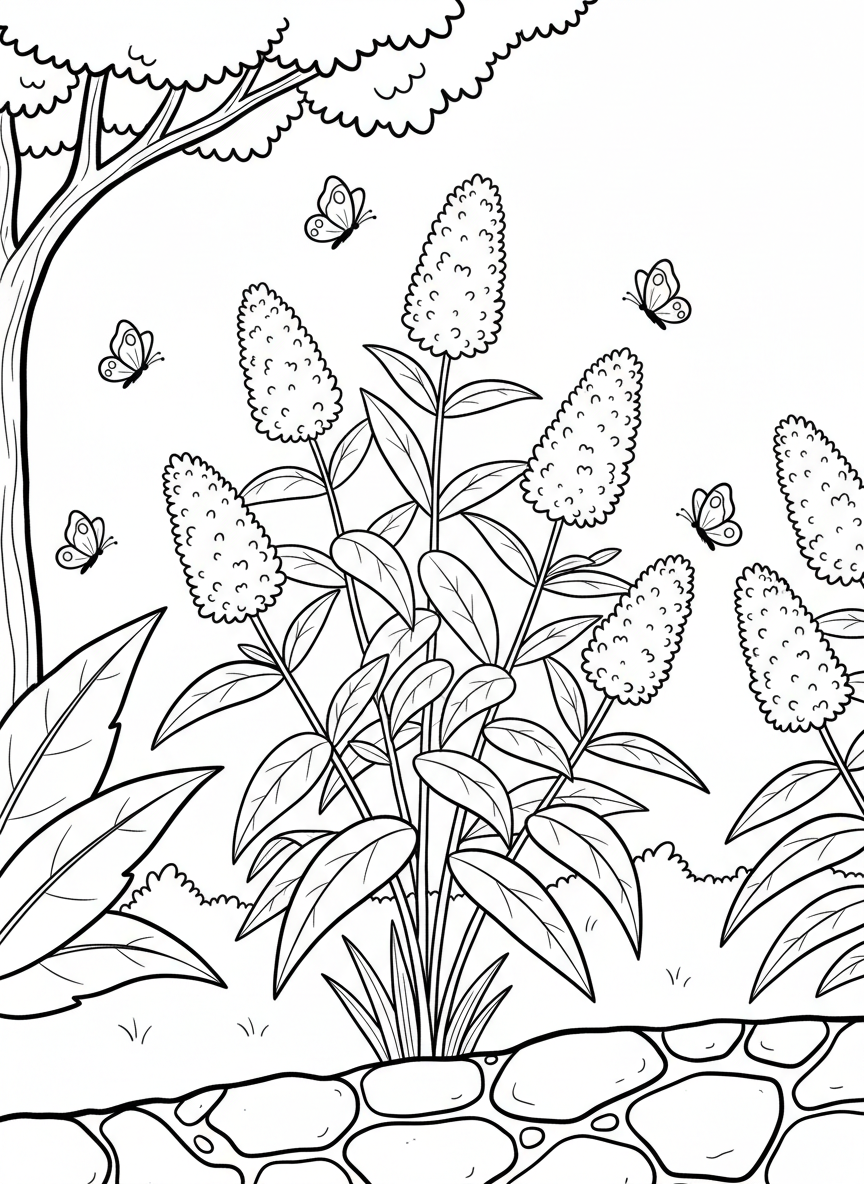 Multiple small butterflies fluttering around a butterfly bush with cone-shaped flower clusters and long leaves.