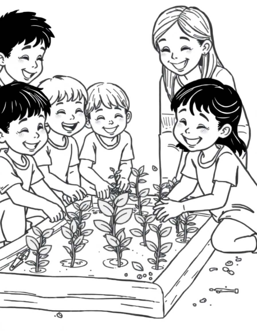 A group of happy children, laughing and smiling, are actively planting seeds and small plants in a community garden bed. Gardening tools like small trowels and gloves are scattered around, and an adult is offering gentle guidance in the background.