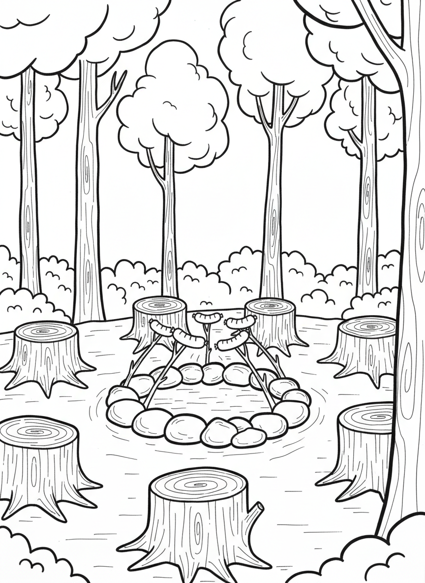 A campfire circle made of stones with hot dogs on sticks, surrounded by tree stumps used as seats.