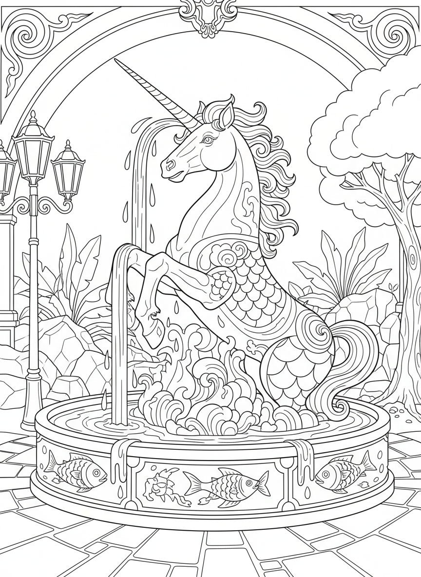 A unicorn fountain sculpture with water flowing from the horn, decorated with wave and fish scale patterns