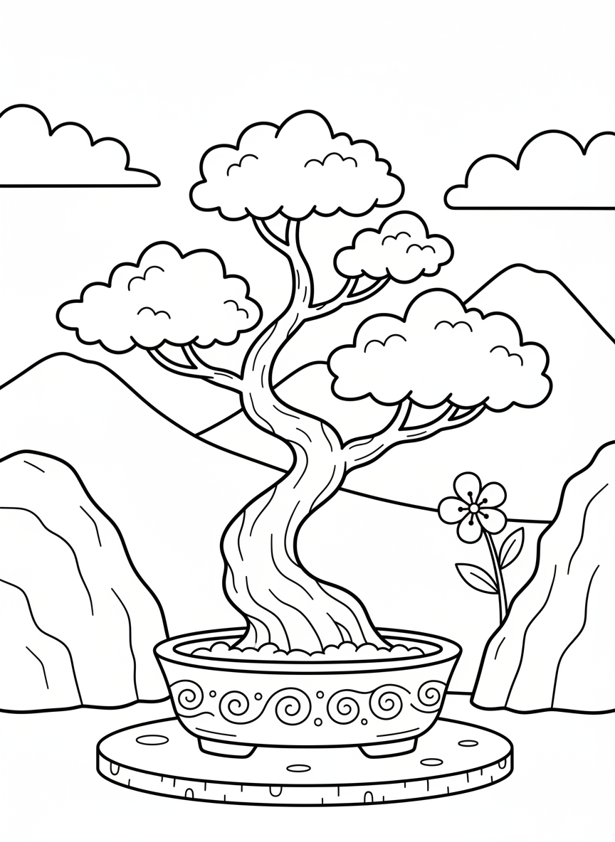 A simple bonsai tree in a round ceramic pot with a curved trunk and a few branches with leaves, perfect for young children to color.