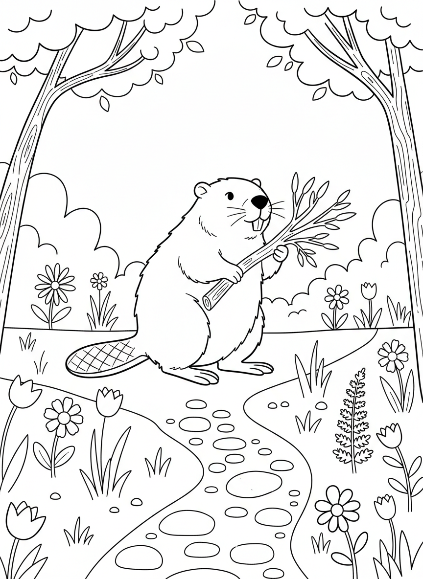 A beaver carrying a branch in its mouth while walking on its hind legs, woodland path with flowers and grass