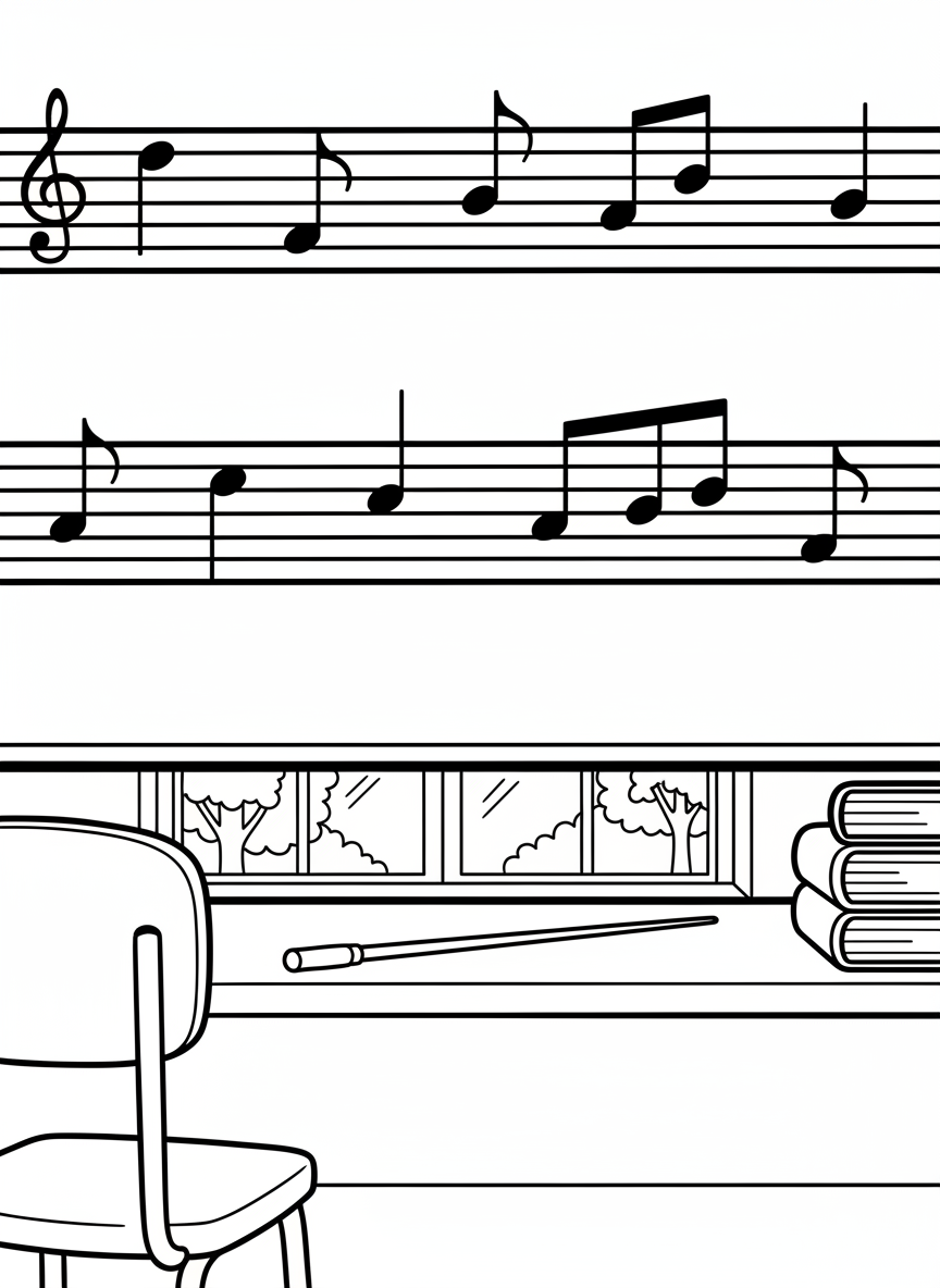 A music classroom scene with a chalkboard showing a musical staff, notes, and a conductor's baton resting on a desk.