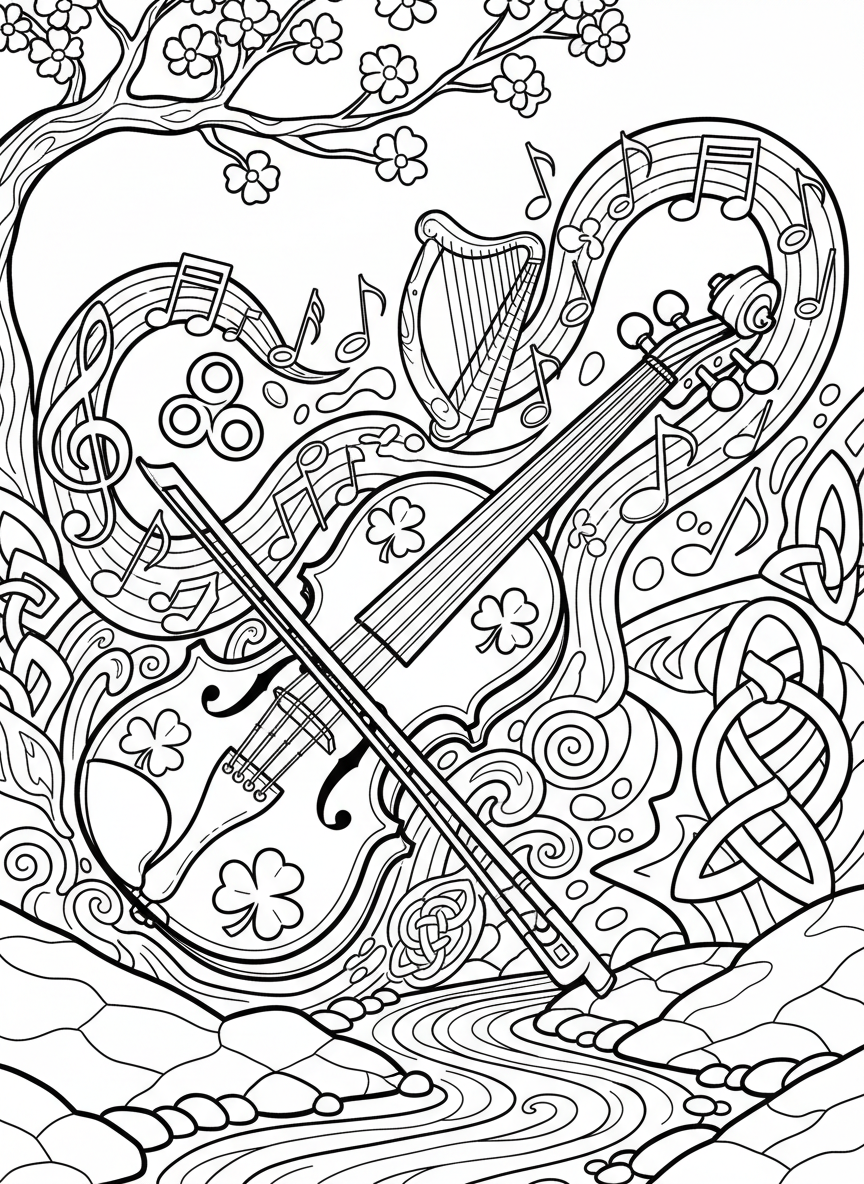 A fiddle with a bow resting across it, decorated with shamrock stickers and surrounded by swirling musical notes and Irish symbols.