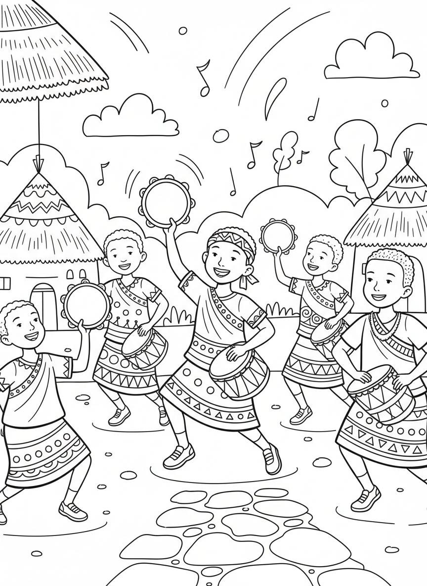 Children dancing in traditional African-inspired clothing with simple geometric patterns, holding tambourines and drums, festive and fun