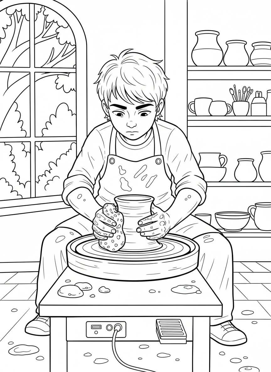 A young artist using a sponge to smooth the surface of a spinning clay bowl on a pottery wheel.