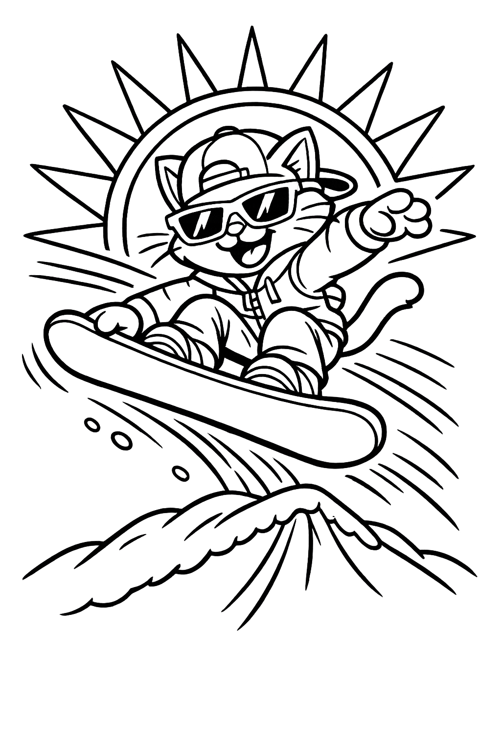 Snowboard Trick: A cool cat on a snowboard catching "big air," with action lines showing a jump and a stylized sun behind.