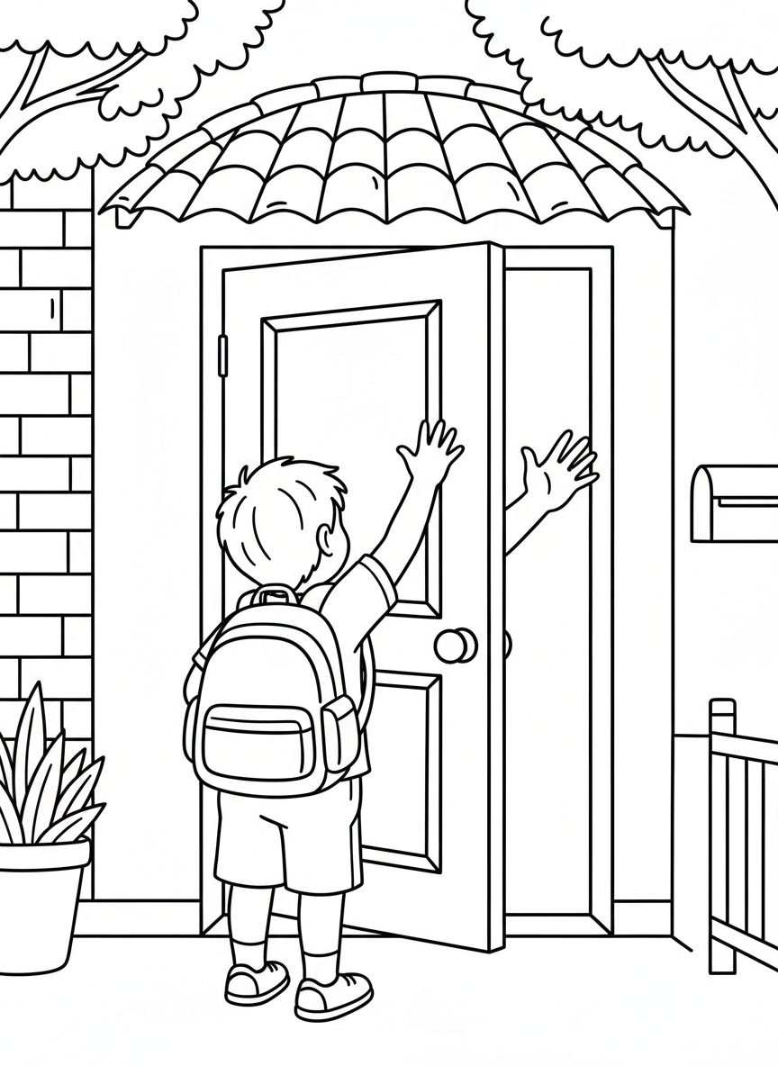 A child waving goodbye at the front door with backpack on, ready for school, parent figure's hand waving back