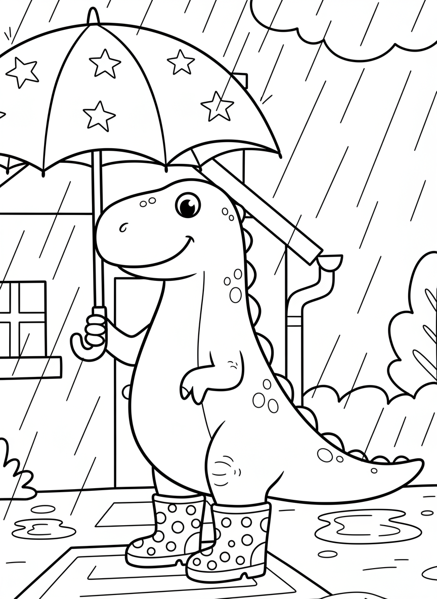 A cute Allosaurus wearing rain boots, holding an umbrella decorated with stars, standing by a doormat, rainy day scene