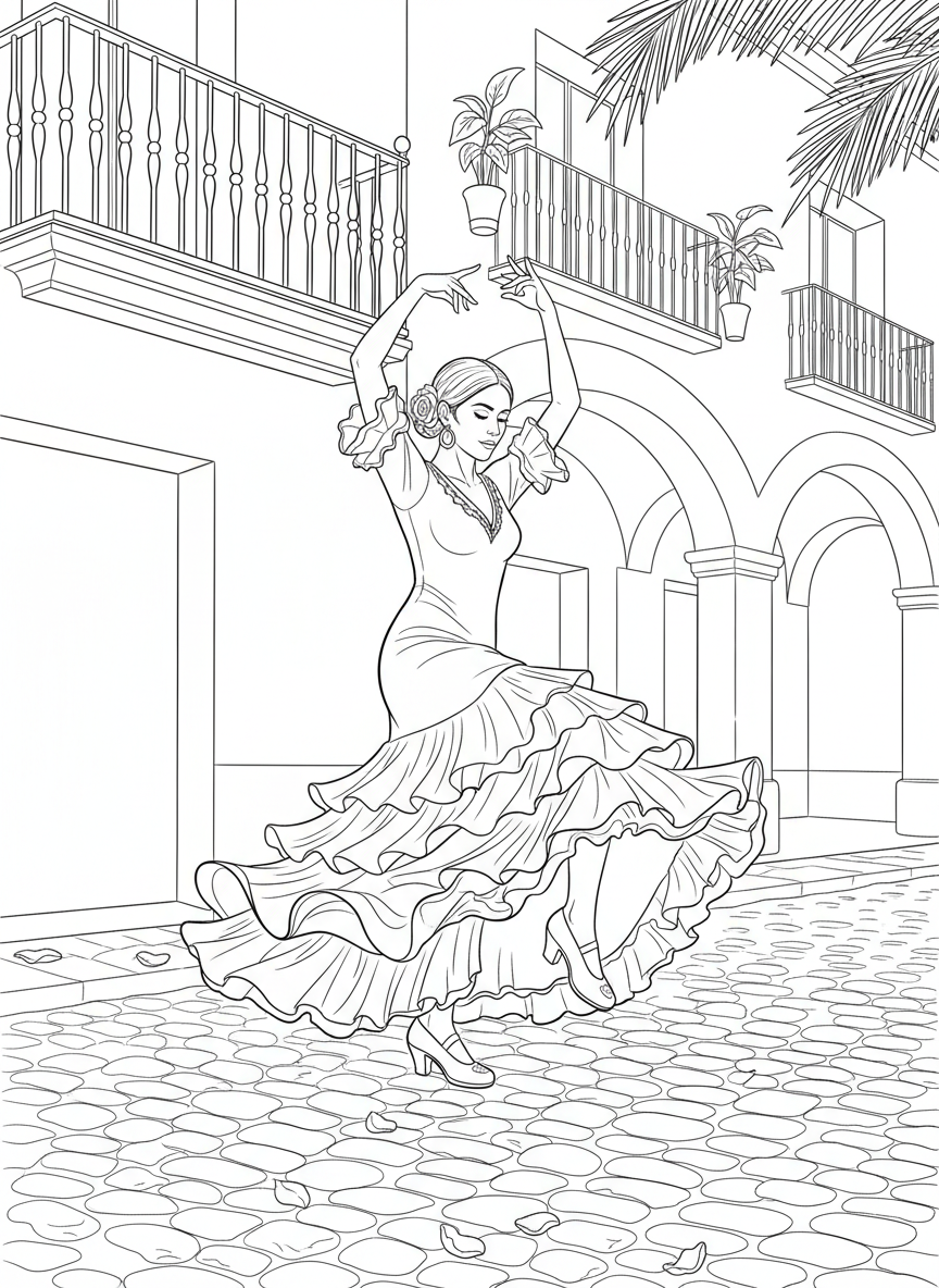 A flamenco dancer in a ruffled dress with arms raised, one foot stomping, full of energy and passion.