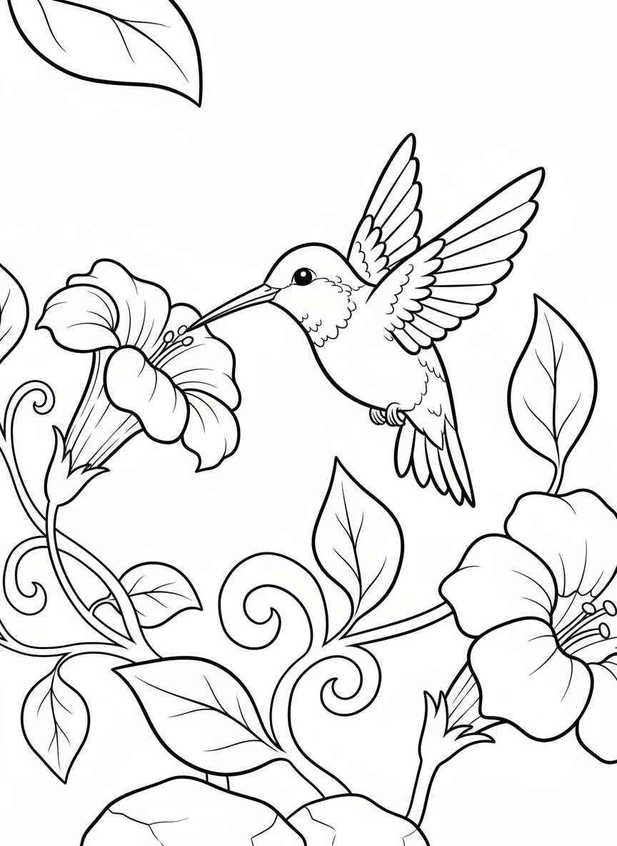 A cheerful hummingbird hovering in front of a large trumpet-shaped flower, wings spread wide, with simple garden leaves in the background