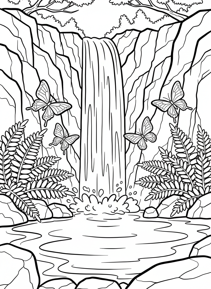 A tall waterfall cascading down rocky cliffs into a peaceful pool below, with ferns and butterflies around the edges, simple line art composition.