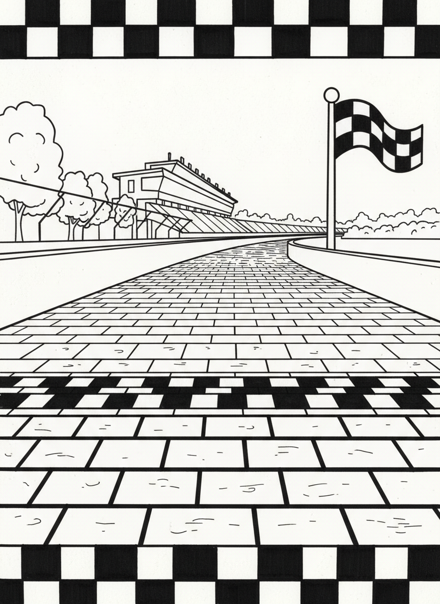 The iconic Yard of Bricks at Indianapolis Motor Speedway finish line with checkered pattern border, simple geometric design.