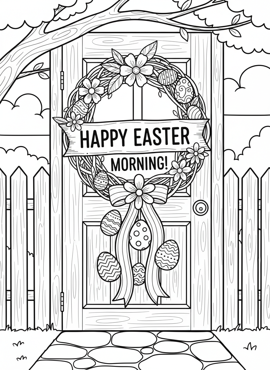 A festive Easter wreath hanging on a front door with ribbons, eggs, flowers, and a cheerful welcome sign for the holiday morning.