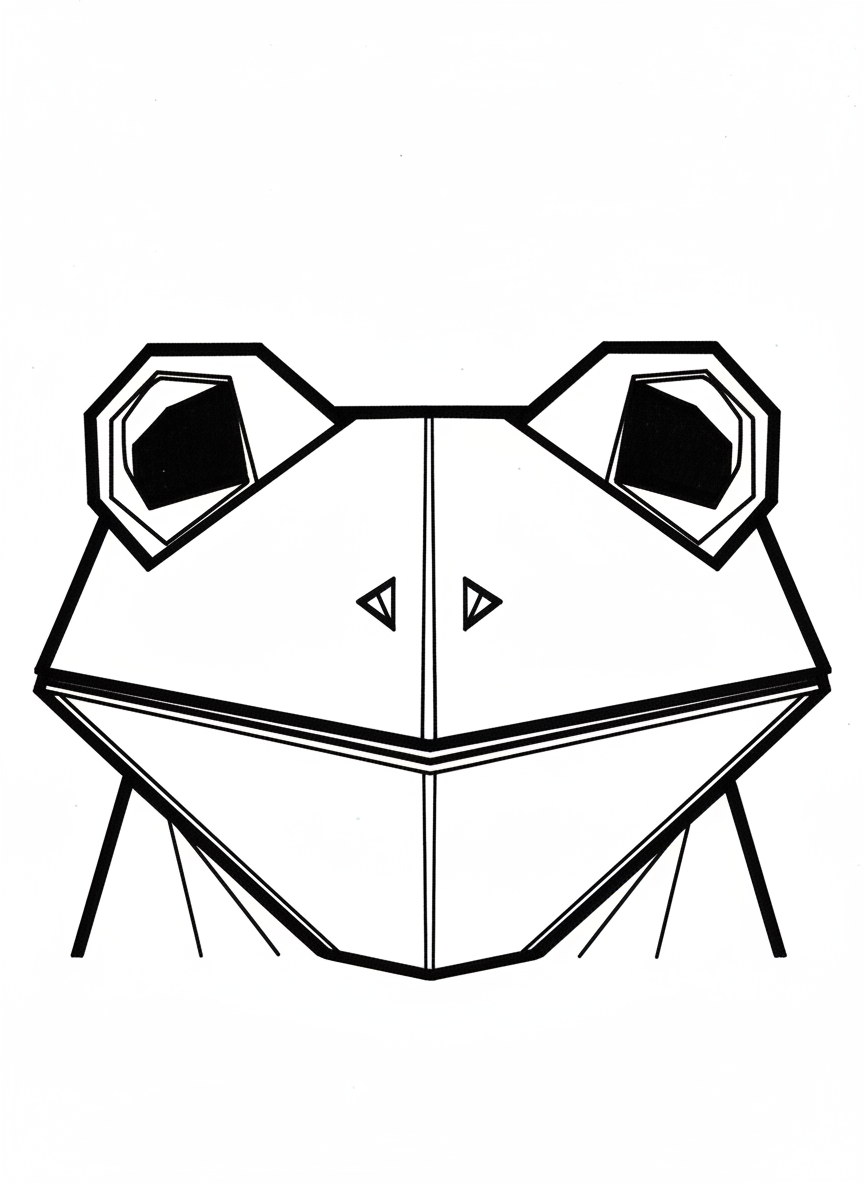 A close-up of an origami frog's face showing triangular eyes and a wide smile, with paper-fold texture lines visible