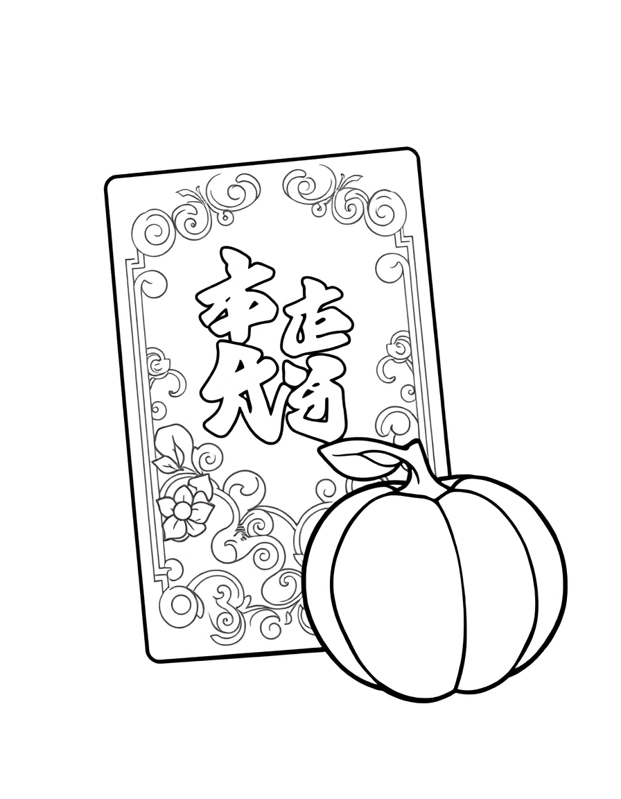 Red Envelope: A close-up of a lucky red envelope (Hongbao) decorated with gold characters and a smiling tangerine next to it.