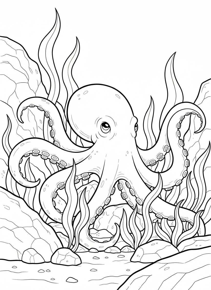 A playful scene of a glowing octopus with eight wavy arms decorated with suction cups, hiding among rocks and seaweed on the ocean floor.