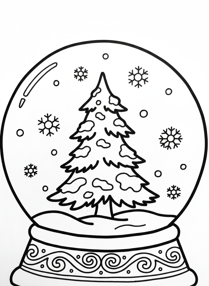 A simple snow globe with a single snow-covered evergreen tree in the center, large snowflakes floating around it, perfect for young children.