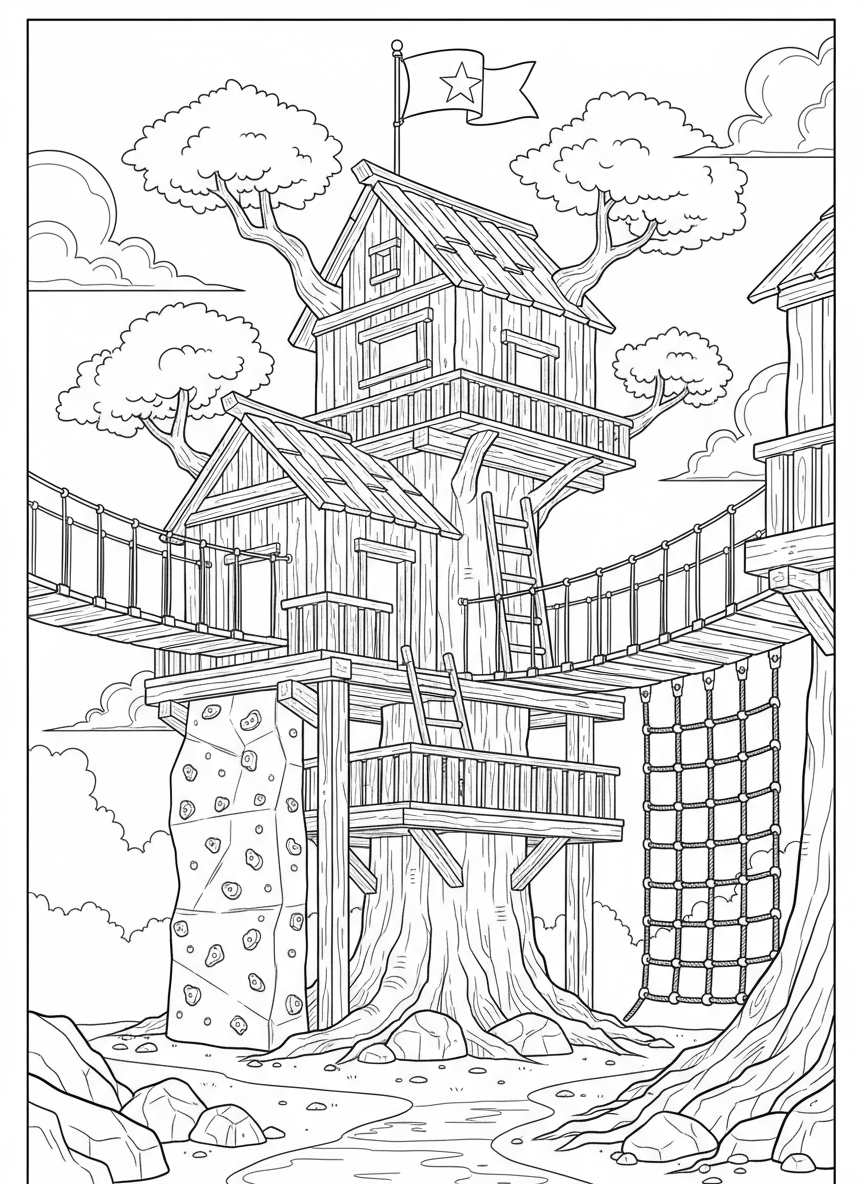 An adventure treehouse featuring a rock climbing wall, cargo net, and a flag waving from the top platform.