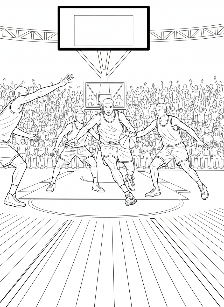 A basketball player dribbling the ball down the court with defenders nearby, capturing the fast-paced energy of a championship game.
