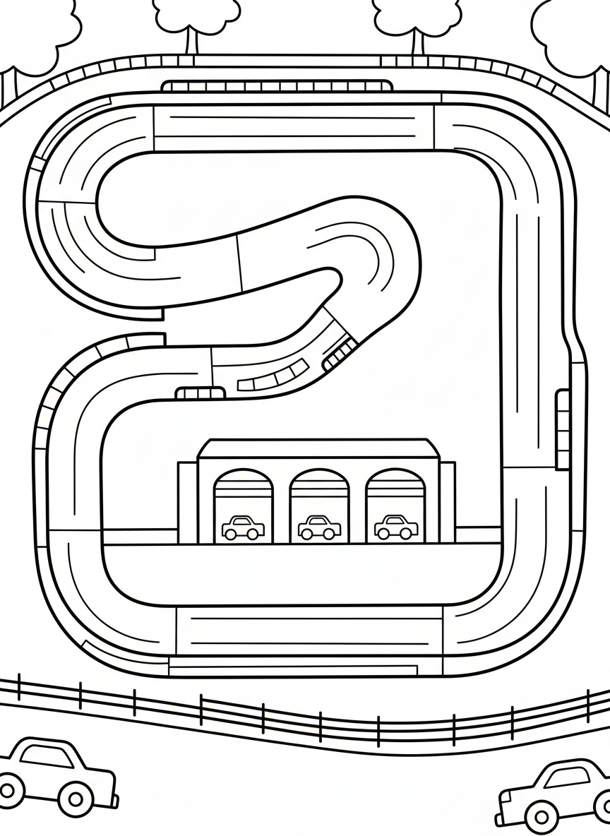 A simple race track layout showing curves, straightaways, and pit lane from above, easy maze-like design for young children.