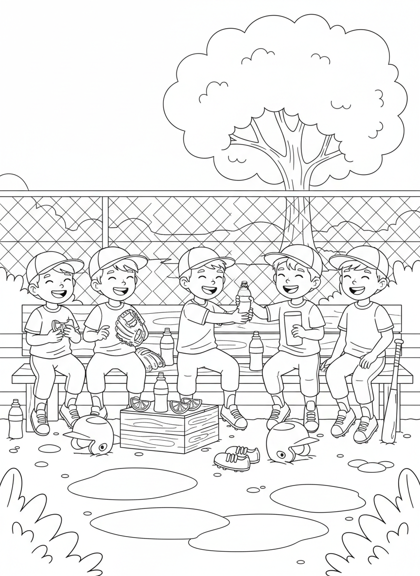 Little League kids sitting in the dugout during a break, sharing orange slices and water bottles, laughing together with gloves, helmets, and baseball bats scattered on the bench around them.