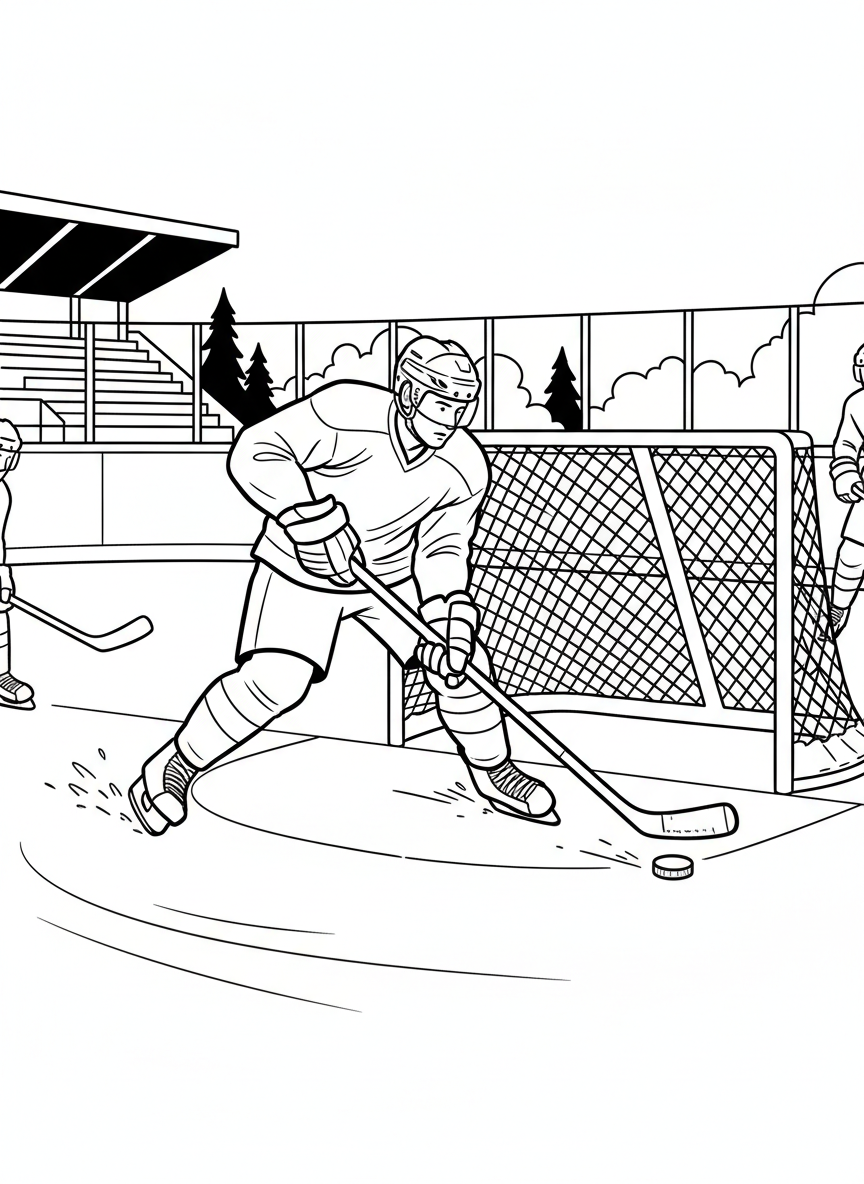 An ice hockey player taking a shot on goal, action pose with the puck flying toward the net