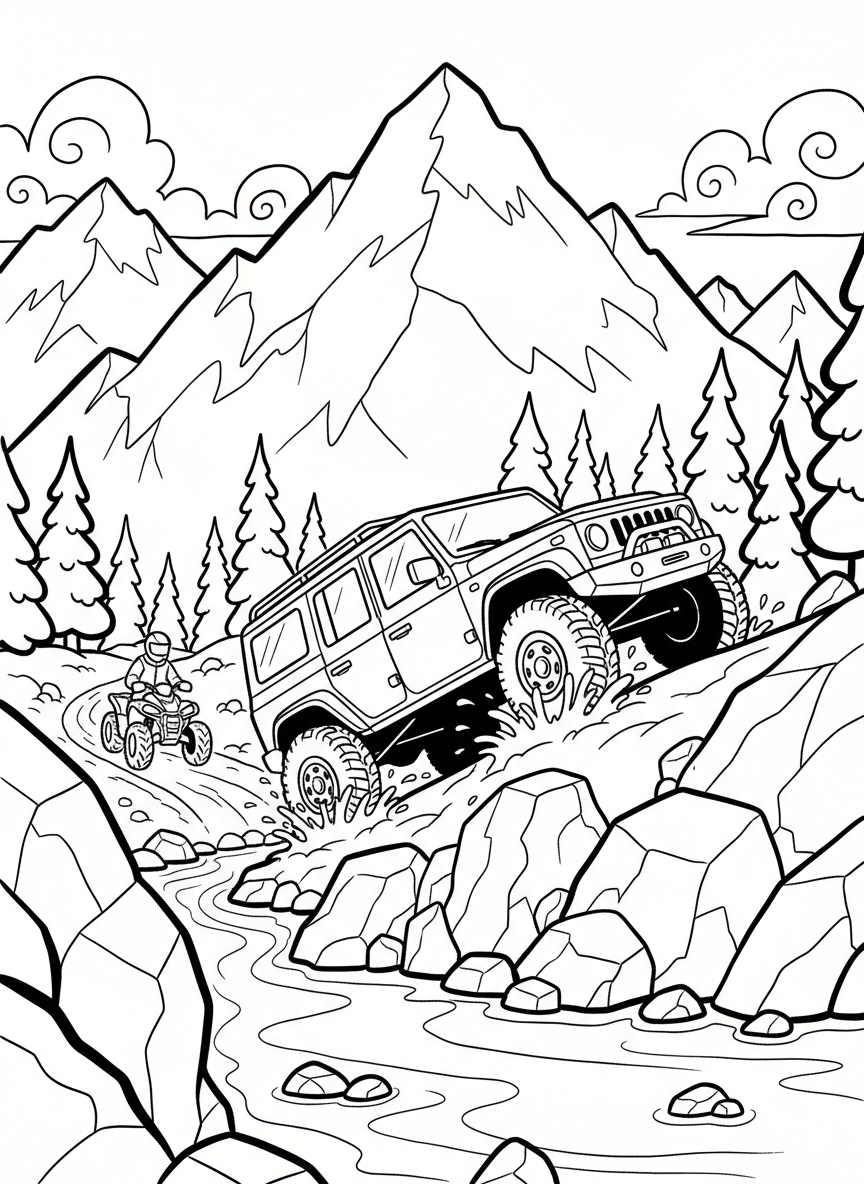 A mountain adventure with off-road vehicles crossing rivers, climbing rocky slopes, and traveling through scenic wilderness.