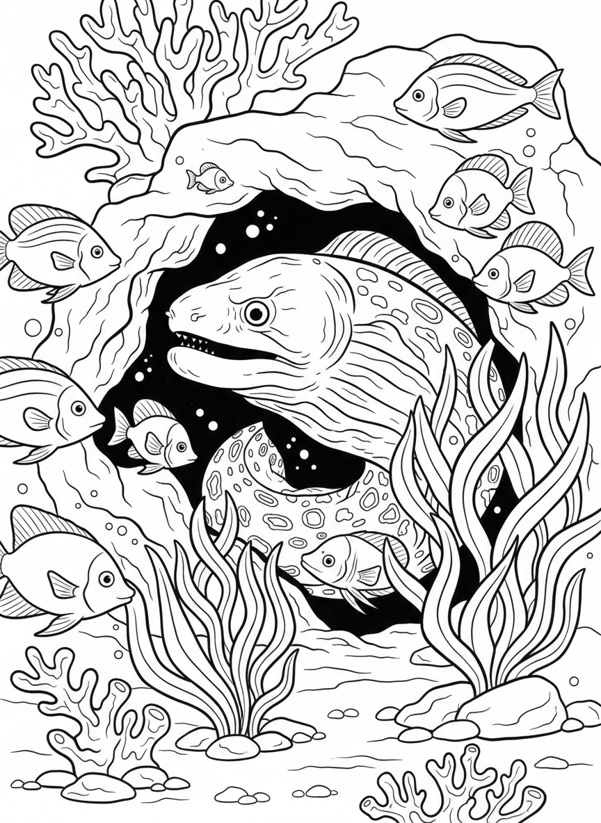 A detailed moray eel peeking from a coral cave with tropical fish swimming past and sea plants decorating the entrance