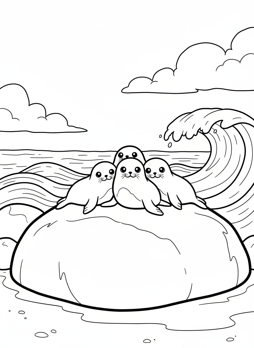 Three baby seals huddled together on a smooth boulder, simple shapes perfect for young children to color.