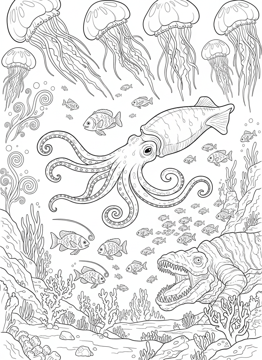 A wide ocean scene showing multiple types of glowing creatures at different depths, including jellyfish at the top and squid swimming below.