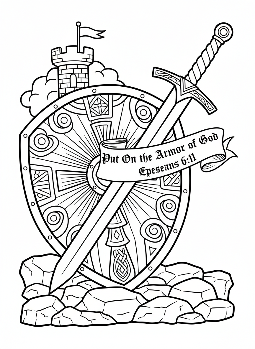 A shield decorated with geometric patterns and a sword, with 'Put On the Armor of God Ephesians 6:11' written on a banner