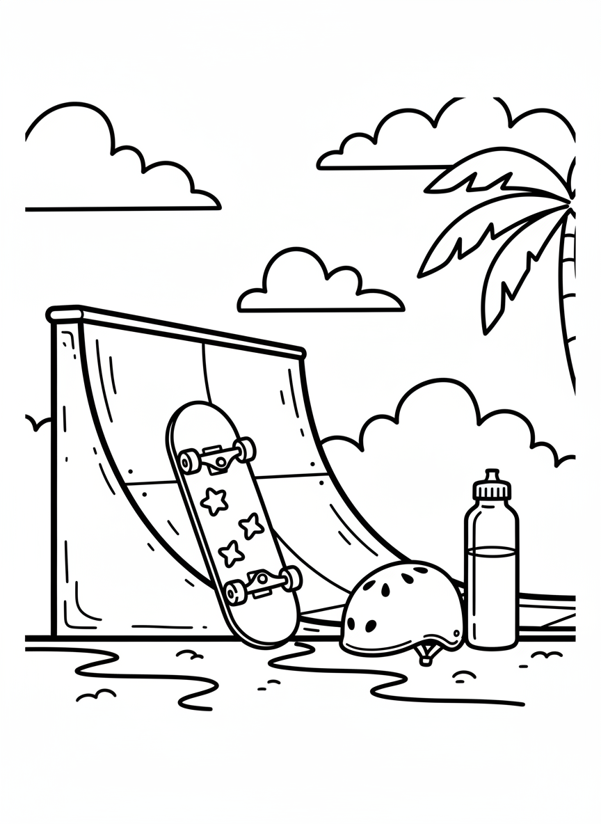 Simple scene of a skateboard resting against a quarter-pipe ramp, helmet and water bottle nearby, sunny day setting.