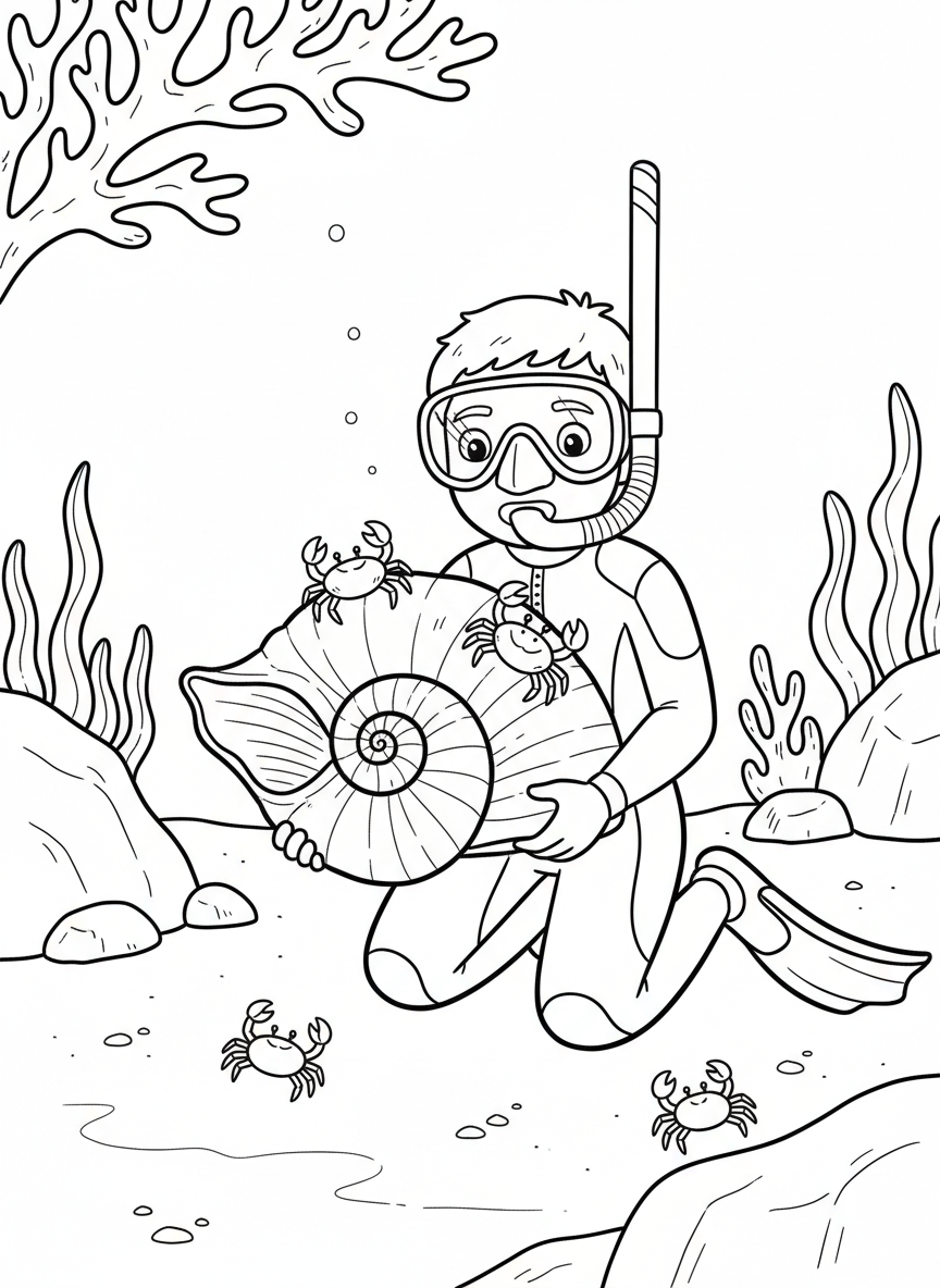 A young explorer in snorkel gear discovering a large seashell on the ocean floor with small crabs nearby