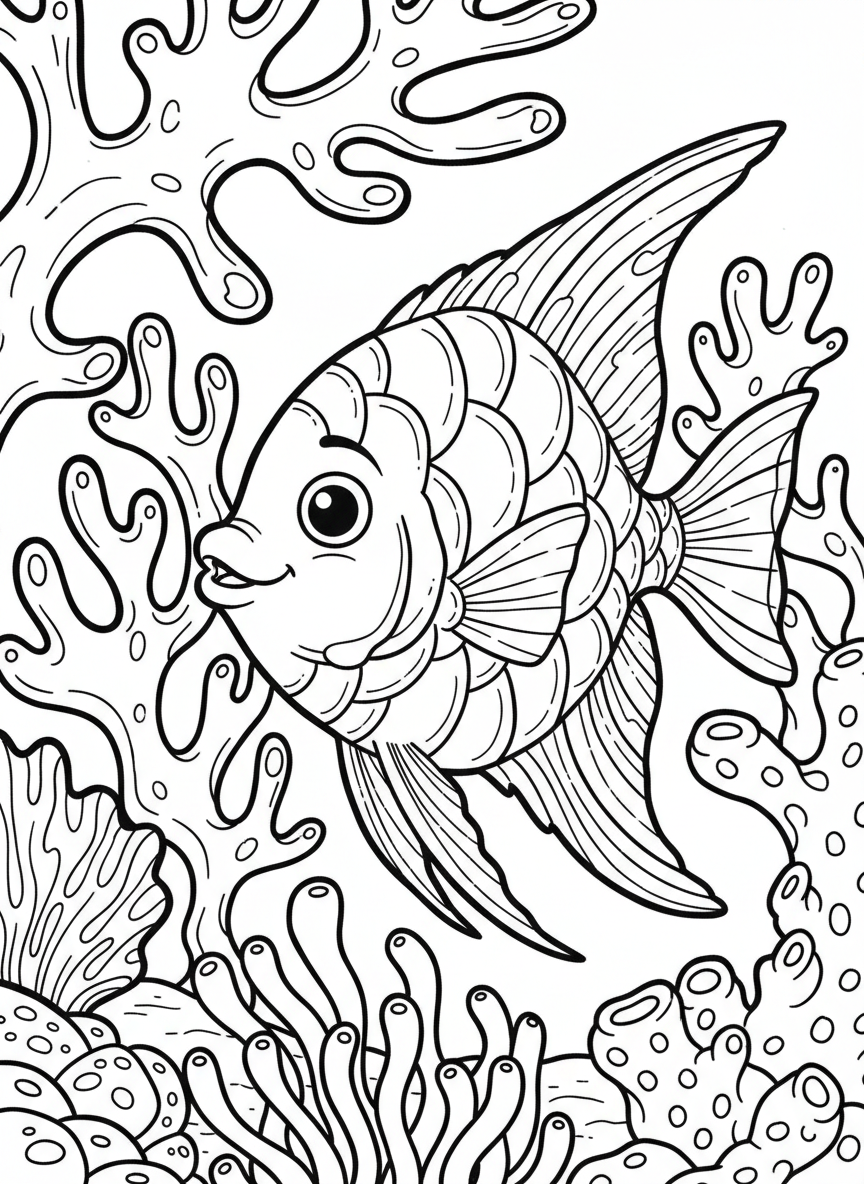 A friendly angelfish with elaborate fins and scales swimming through coral branches, medium difficulty line art