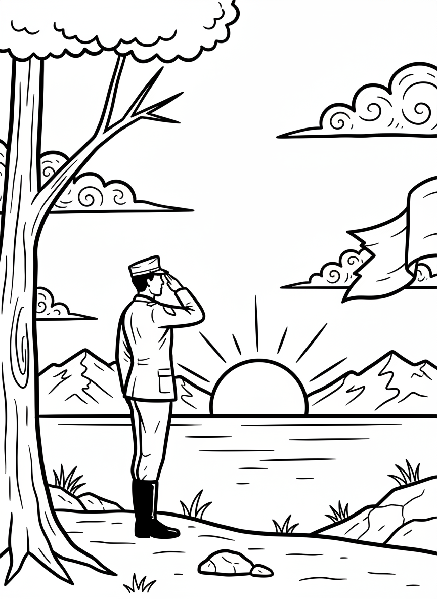 A simple silhouette scene of a soldier saluting at sunset with the sun and horizon line clearly defined.
