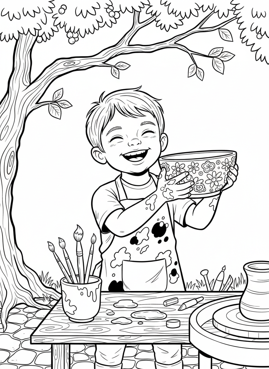 A child holding up a freshly painted ceramic bowl with a big smile, paint-splattered apron visible, brushes in a cup on the table.