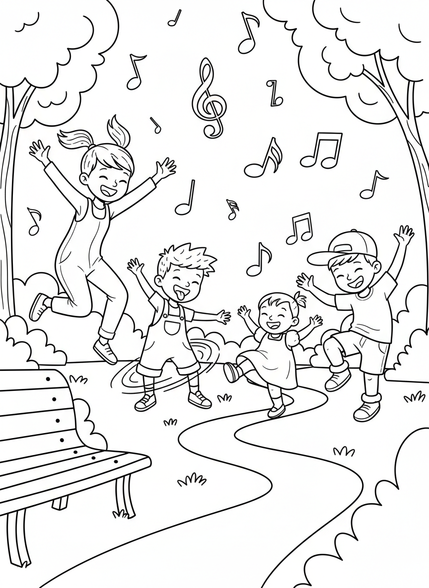 A dance party scene with four kids of different ages doing silly, joyful dance moves with musical notes floating around.