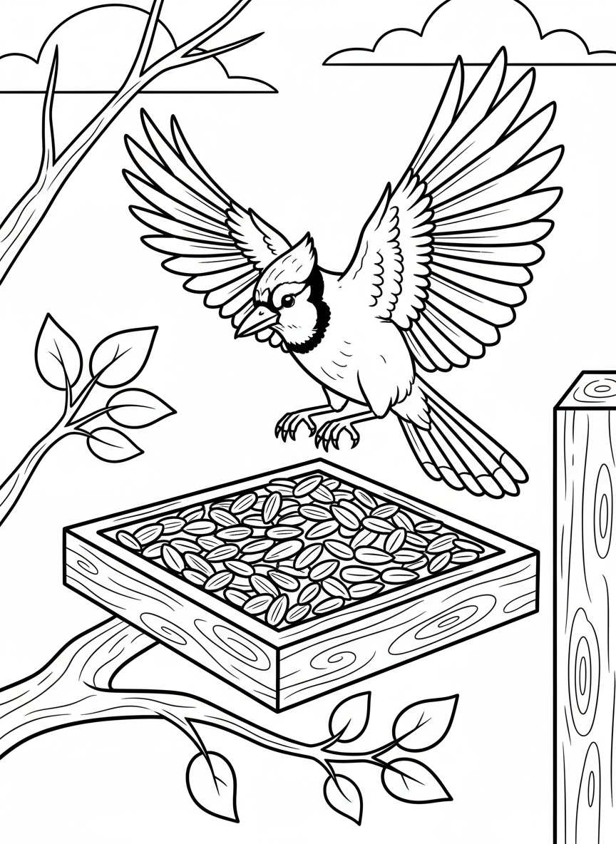 A blue jay spreading its wings while landing on a platform bird feeder filled with sunflower seeds