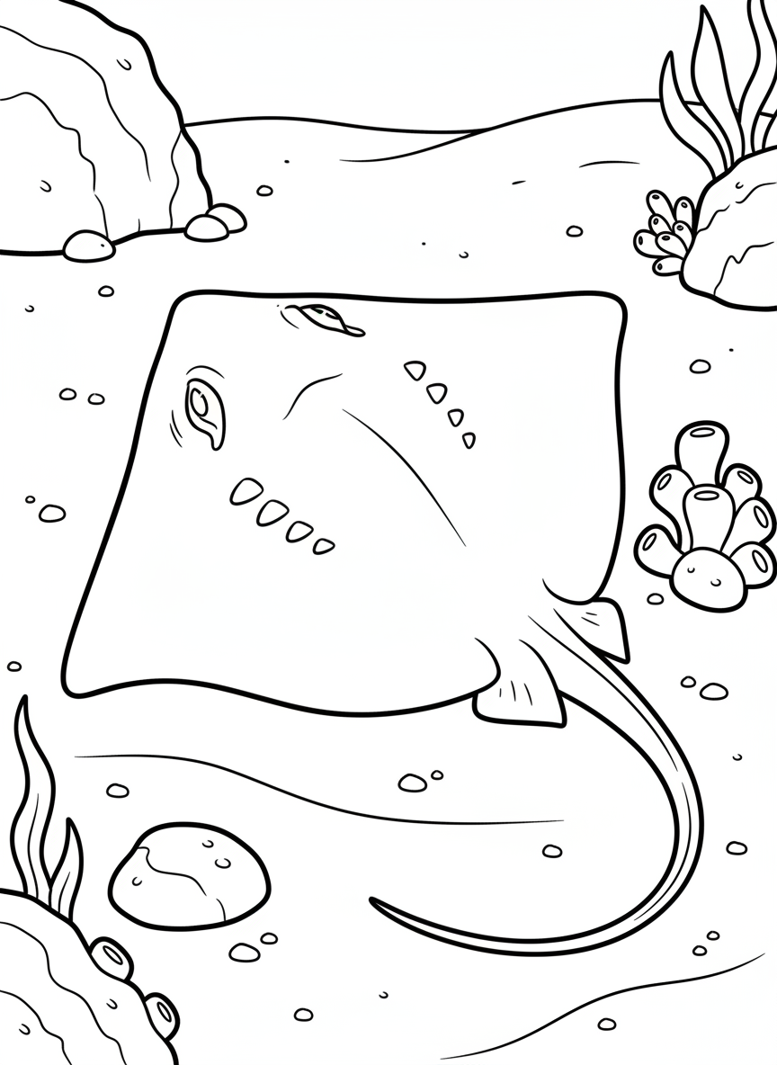 A stingray resting on sandy ocean floor with its flat body and long tail visible