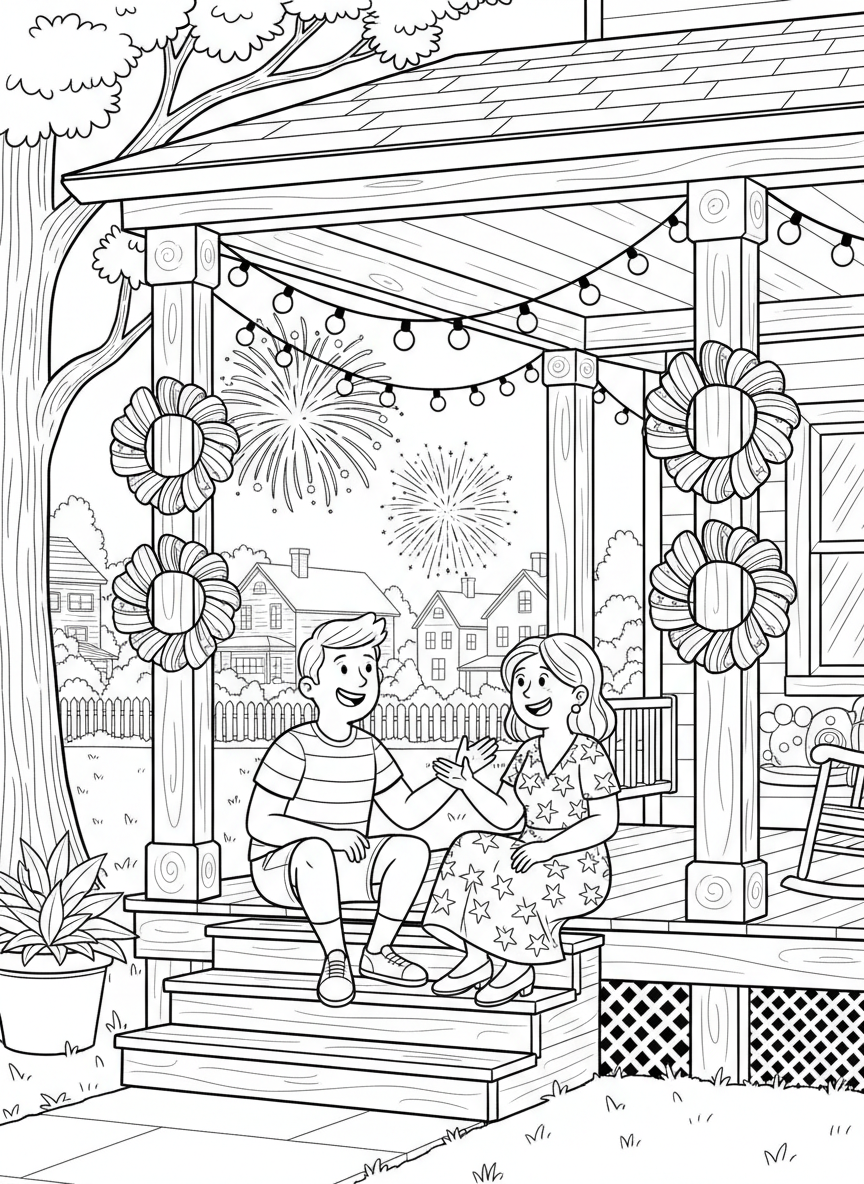 Fourth of July coloring page prompts celebrating summer patriotism, fireworks, parades, backyard traditions, and small-town American scenes.	A festive front porch decorated with red, white, and blue wreaths and string lights, neighbors chatting on the steps as distant fireworks echo across town.