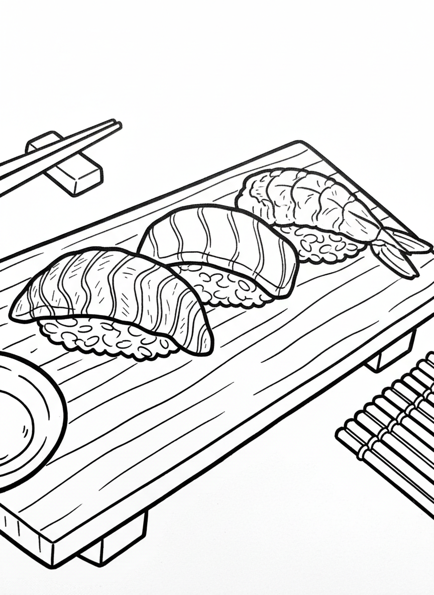 Three different nigiri sushi pieces lined up on a wooden board, showing salmon, tuna, and shrimp varieties with rice bases