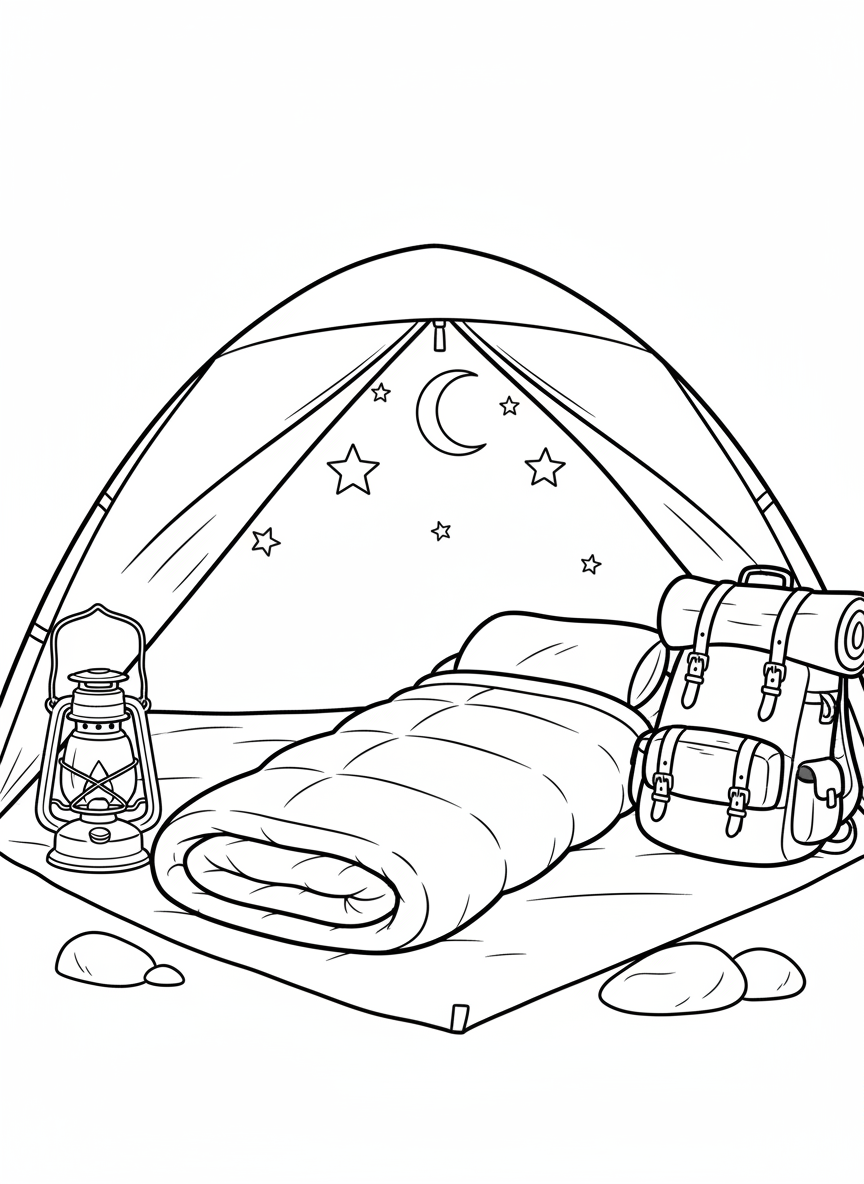 A cozy sleeping bag unrolled inside a tent, with a lantern and backpack nearby, stars visible through the tent opening.