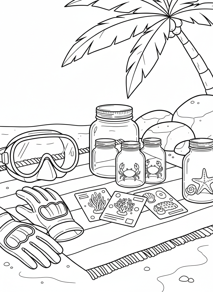 A tide pool exploration kit laid out on a beach towel: goggles, gloves, specimen jars, and identification cards.