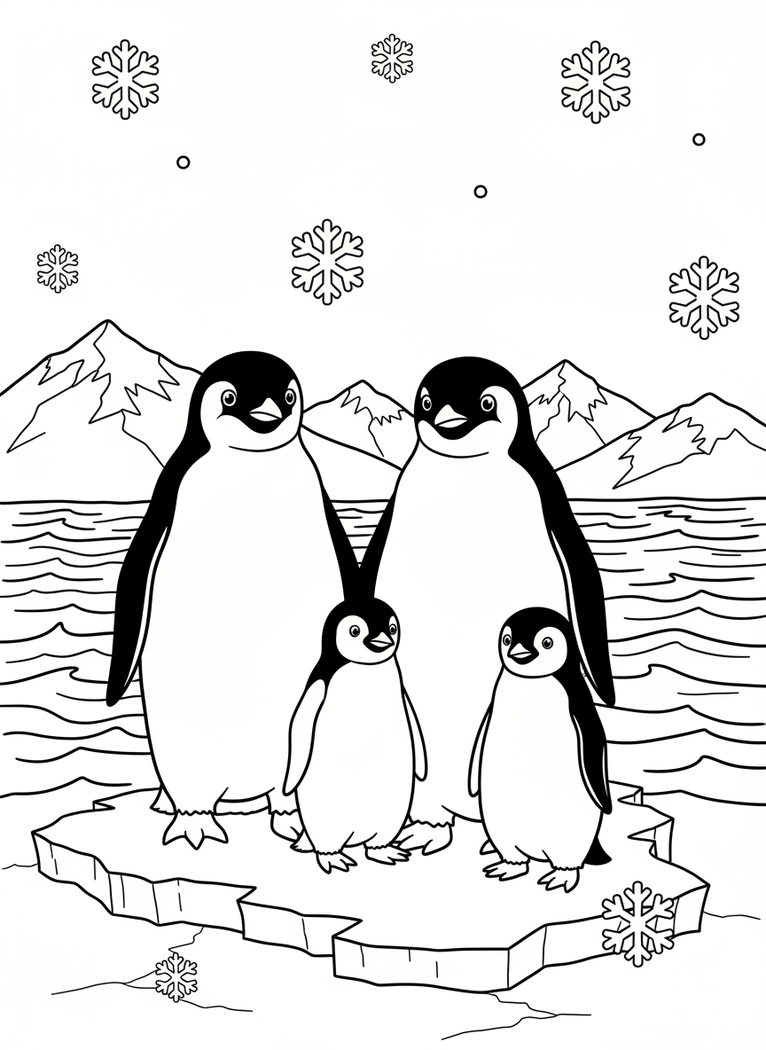 A family of penguins standing together on snowy ice near the ocean while snow falls gently across the frozen landscape.