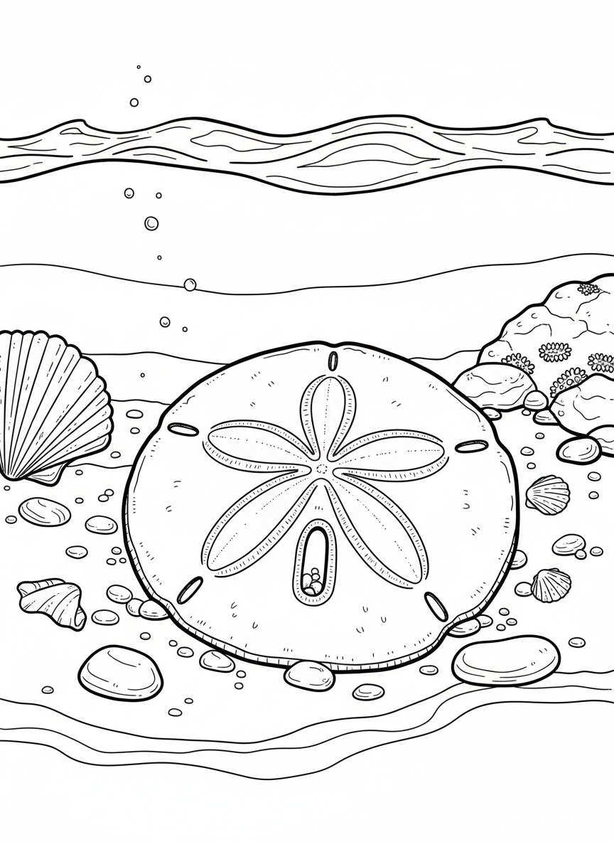 A sand dollar resting on the tide pool bottom with its distinctive flower pattern visible, surrounded by small shells and pebbles.