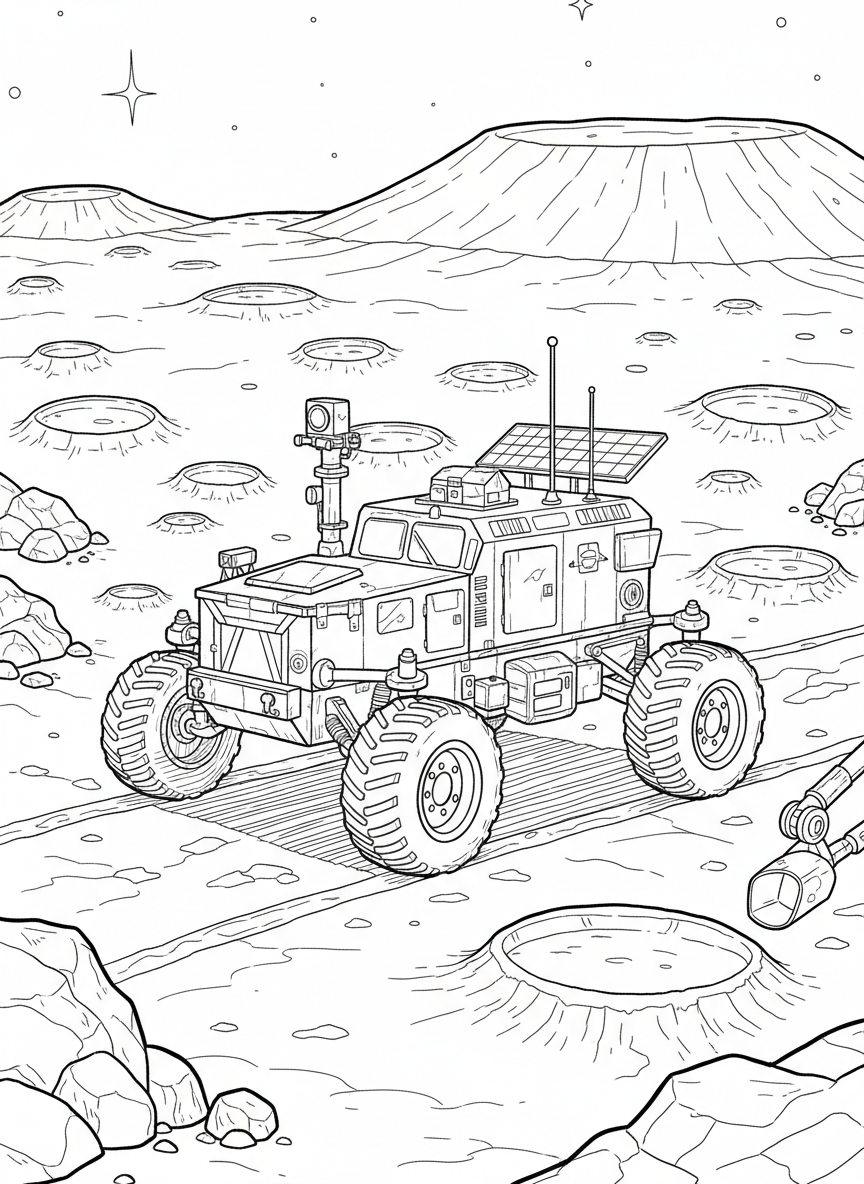 A lunar rover vehicle exploring the moon's surface with craters and rocks, space-themed coloring page