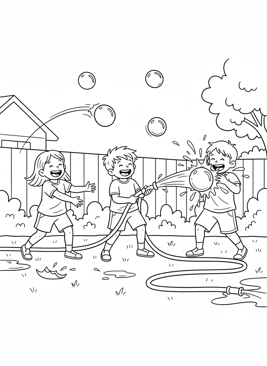 A backyard water balloon fight with kids laughing, balloons flying through the air, and a garden hose