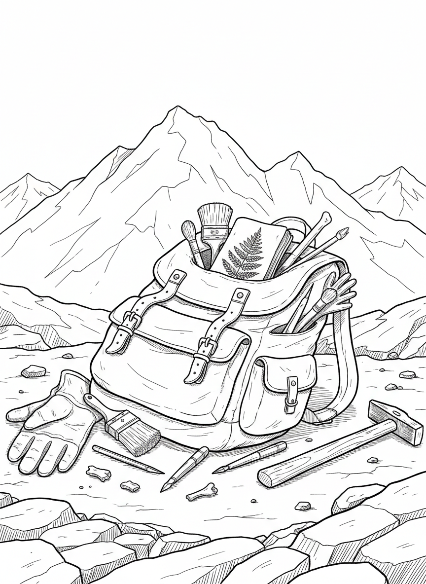 A paleontology backpack open with tools including brushes, picks, gloves, and a field guide spilling out